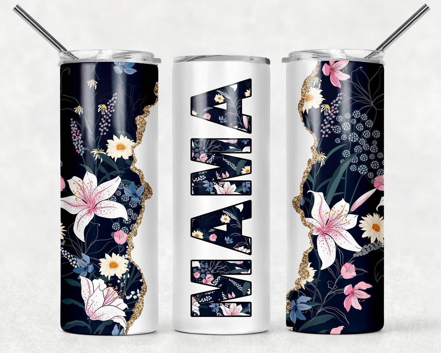 MAMA Floral Tumbler | Blue, White, & Gold Design
