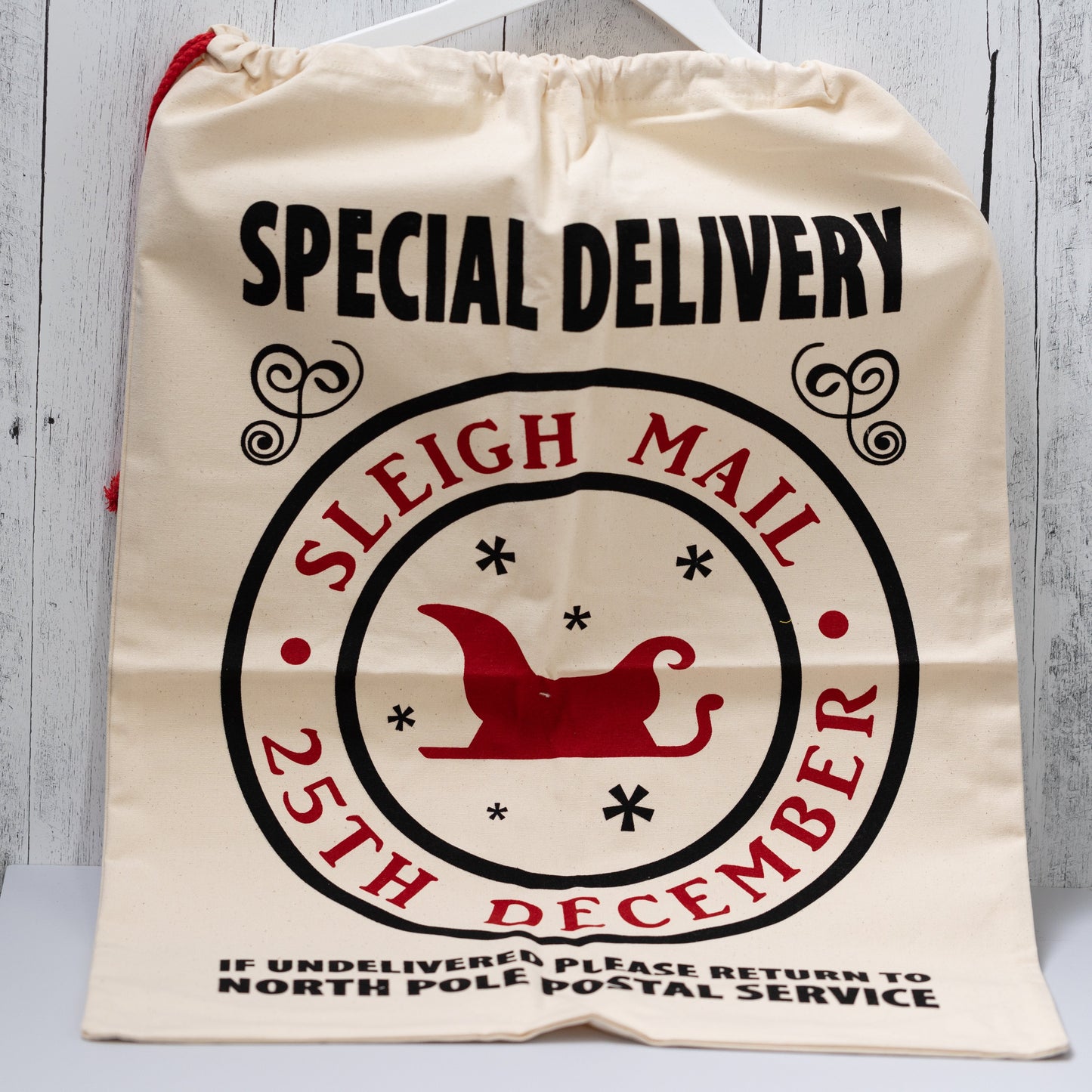 Christmas Gift Bags | Reusable Oversized Fabric with Drawstring Cord - Special Delivery Sleigh Mail Logo