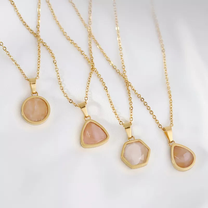 Rose Quartz Hexagon Pendant Necklace 18K Gold Plated