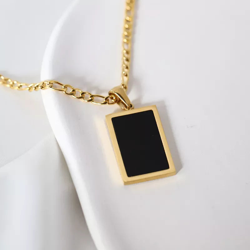 Rectangle Black Agate Pendant Necklace 18K Gold Plated