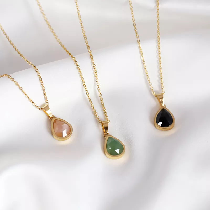 Rose Quartz Water Drop Pendant Necklace 18K Gold Plated