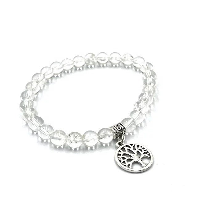 Rock Crystal Quartz Beaded Bracelet with Tree of Life Pendant