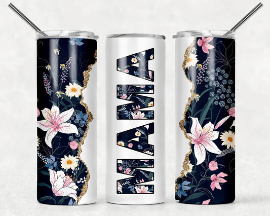 MAMA Floral Tumbler | Blue, White, & Gold Design