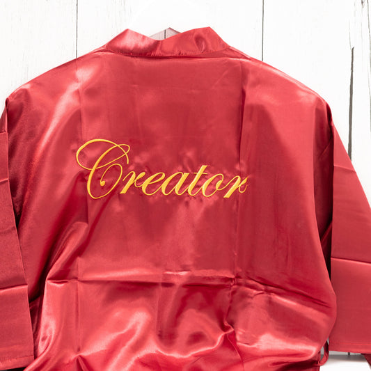 Red Satin Robe | Creator Embroidered in Gold Lettering