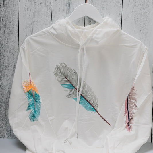 Feather Hoodie for Women - Lightweight Gorgeous Solid Background with Feather Print