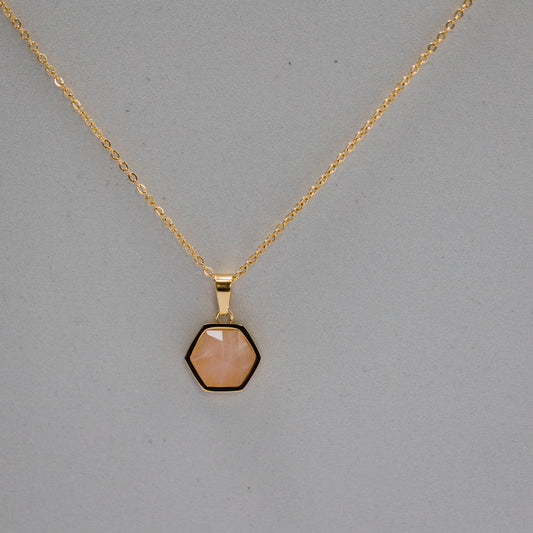 Rose Quartz Hexagon Pendant Necklace 18K Gold Plated