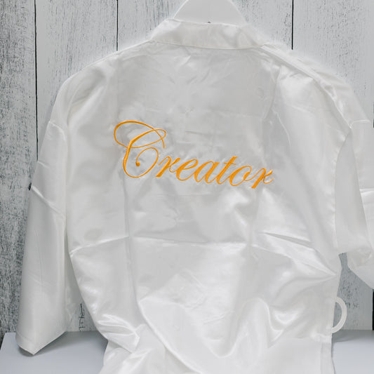 White Satin Robe | Creator Embroidered in Gold Lettering