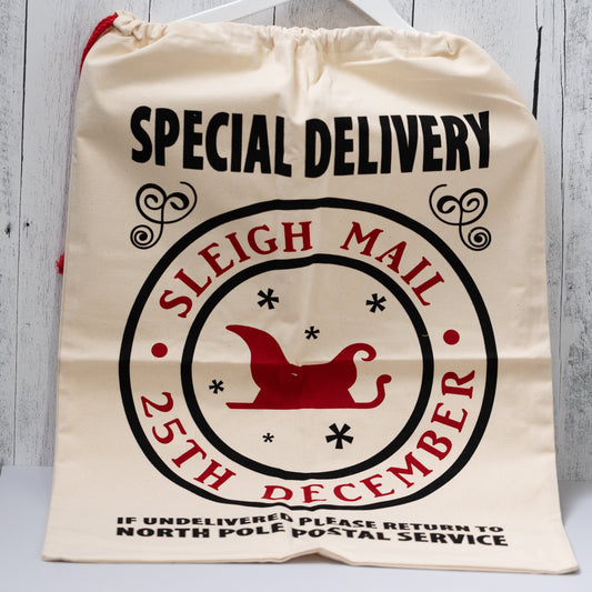 Christmas Gift Bags | Reusable Oversized Fabric with Drawstring Cord - Special Delivery Sleigh Mail Logo