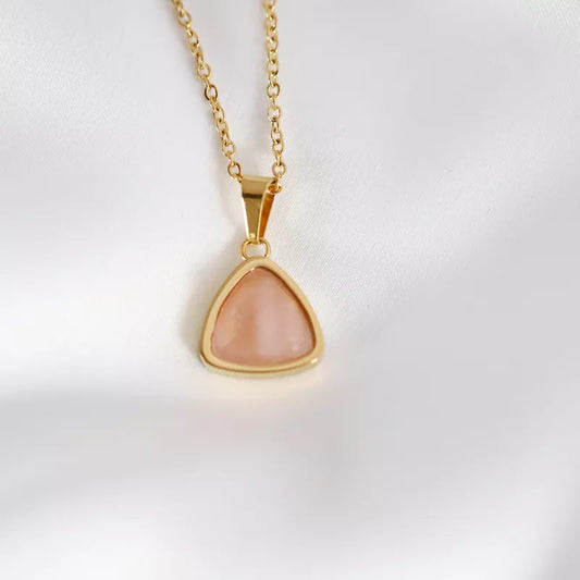 Rose Quartz Triangle Pendant Necklace 18K Gold Plated
