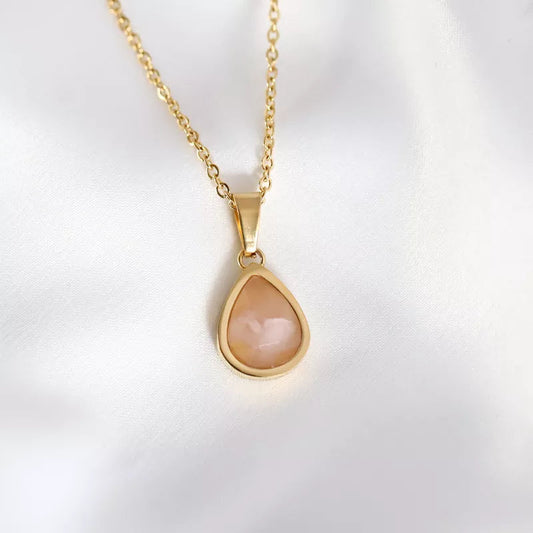 Rose Quartz Water Drop Pendant Necklace 18K Gold Plated