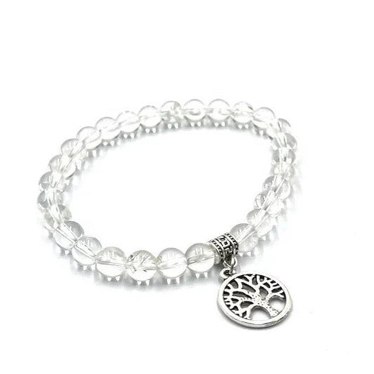 Rock Crystal Quartz Beaded Bracelet with Tree of Life Pendant