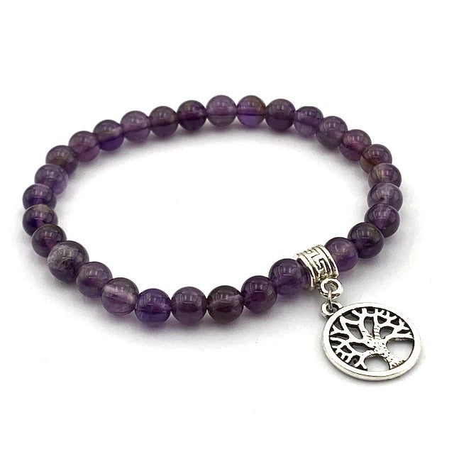 Amethyst Beaded Bracelet with Tree of Life Pendant